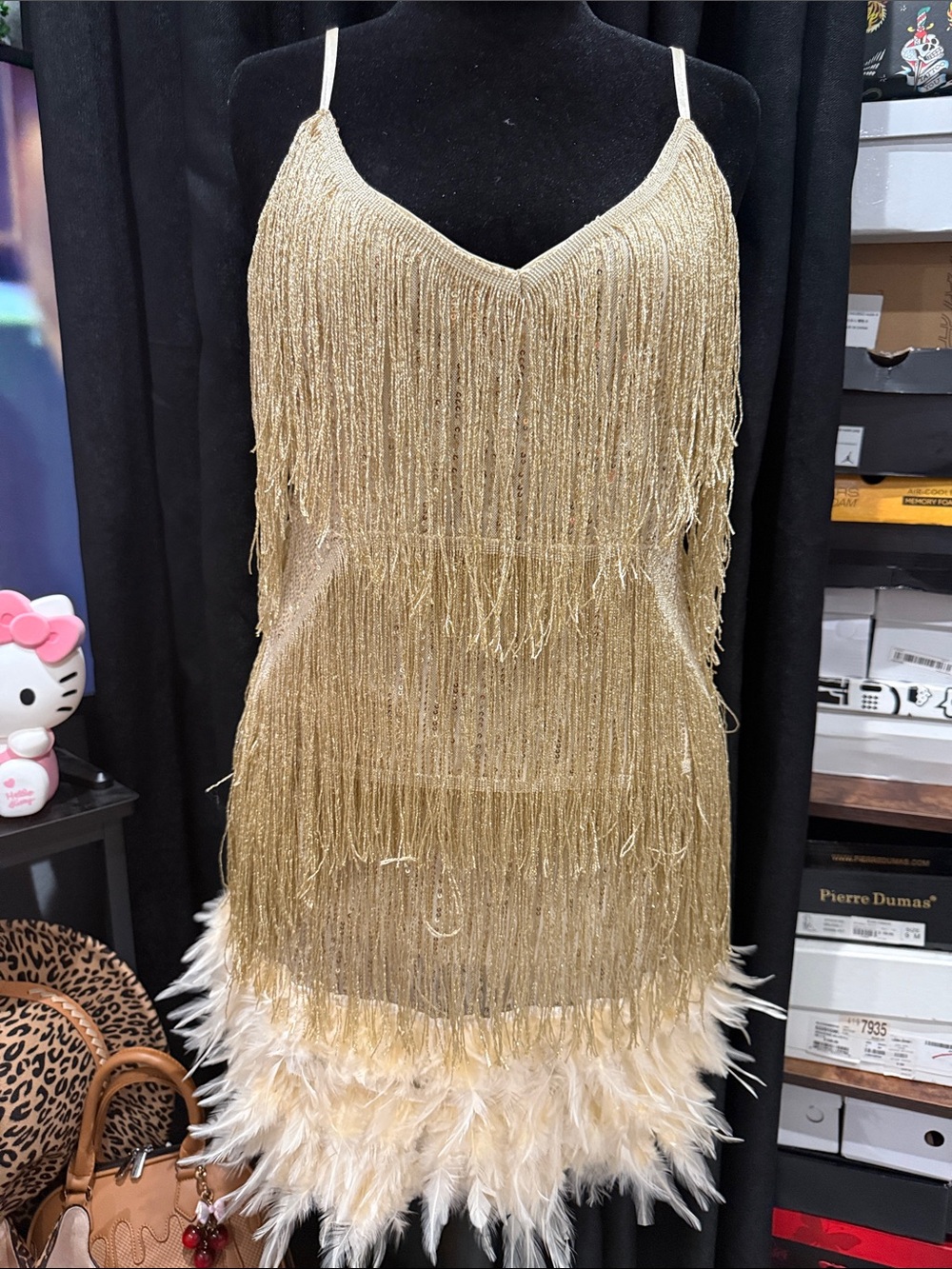 Gold Fringe & Feather Mini Mardi Gras Halloween 1920s 1930s Flapper Dress